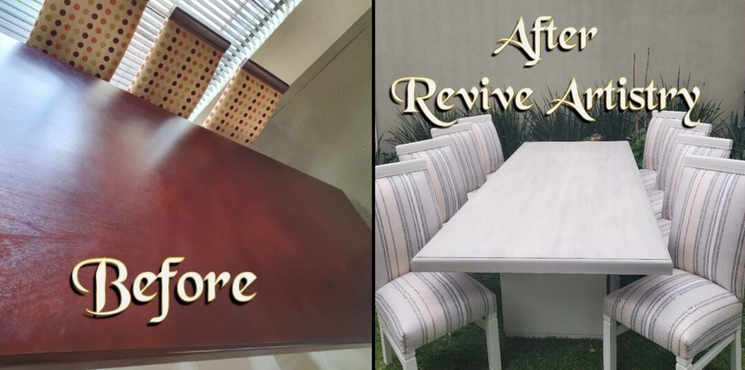 Table and chairs before and after refinishing – Revive Artistry project