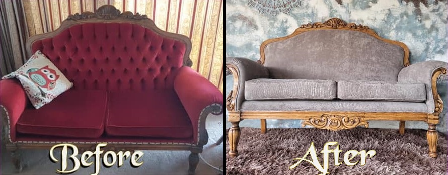 Couch before and after upholstery restoration – Revive Artistry project